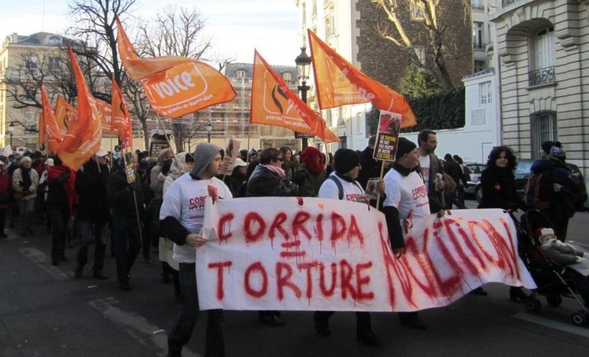 Manifestation anti corrida : Plus de 4 000 personnes bravent le froid devant l’Assemblée Nationale.